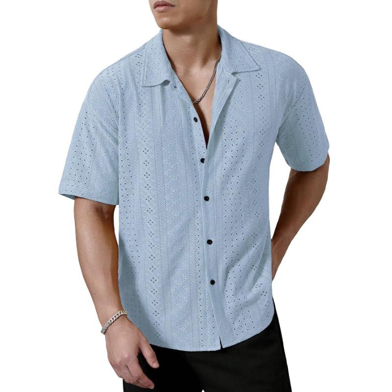 Men's Casual Hollow Out Short Sleeve Shirt with Cuban Collar