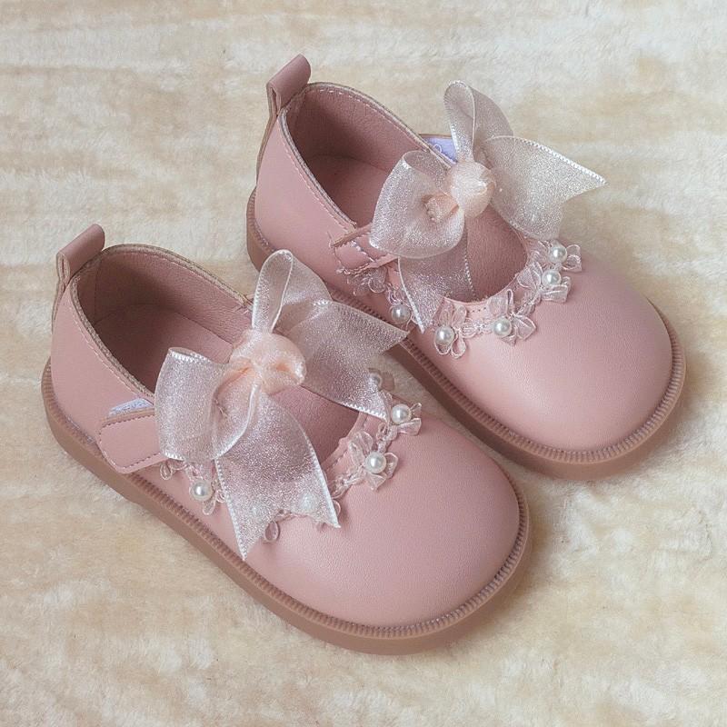 Girls Pink Mary Jane Shoes Tulle Bow Pearl Decor Soft Sole Princess Flats 21 розовый