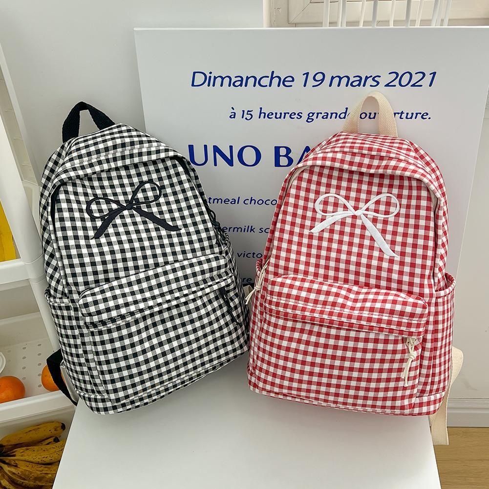 Cute Bowknot Plaid School Backpack Lightweight School Bag Nylon Student Rucksack for Girls Women High School College Work