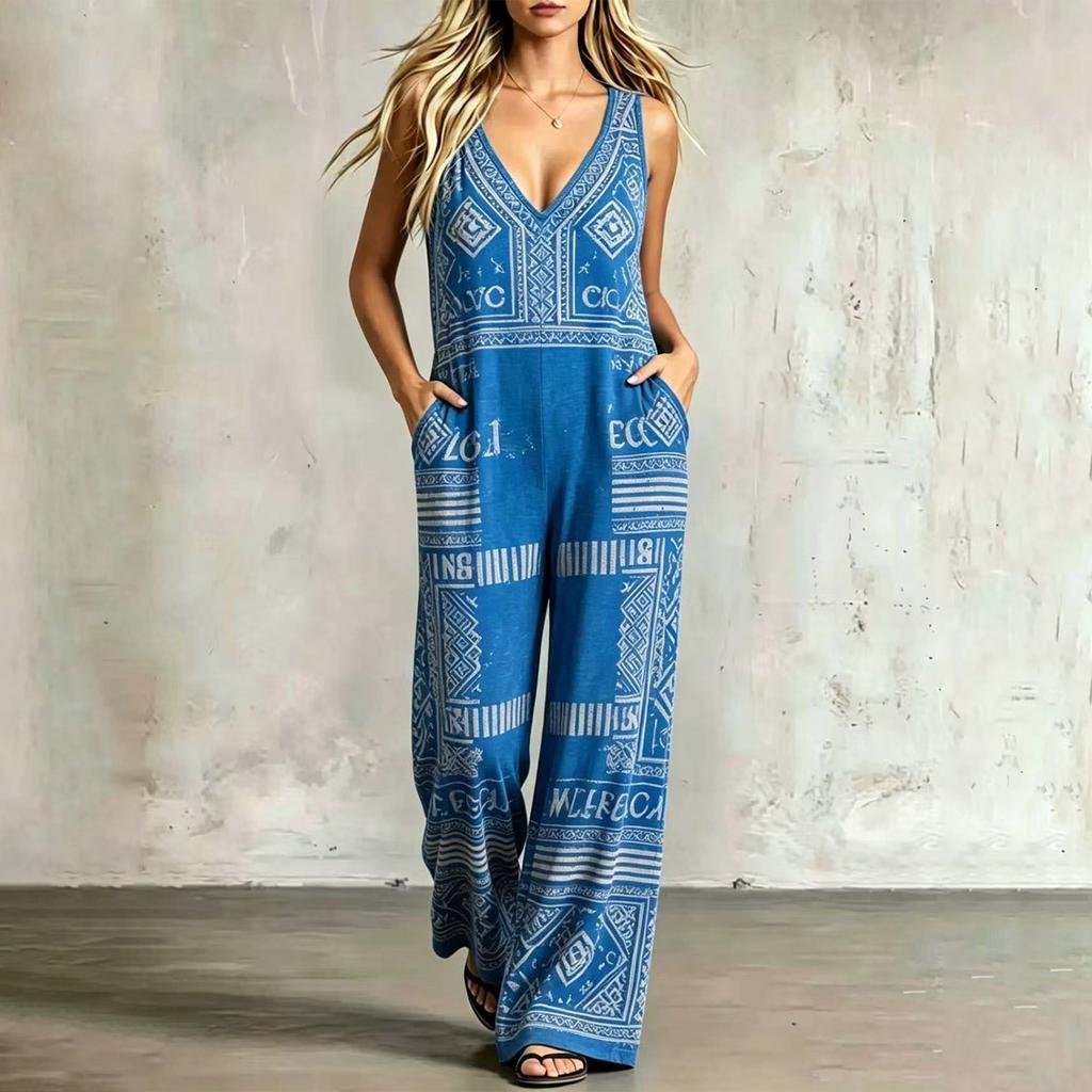 Boho Print Ärmelloser Jumpsuit Weiter Bein Lockerer Sitz Einteiler Romper Sommerlich Lässig Strandmode
