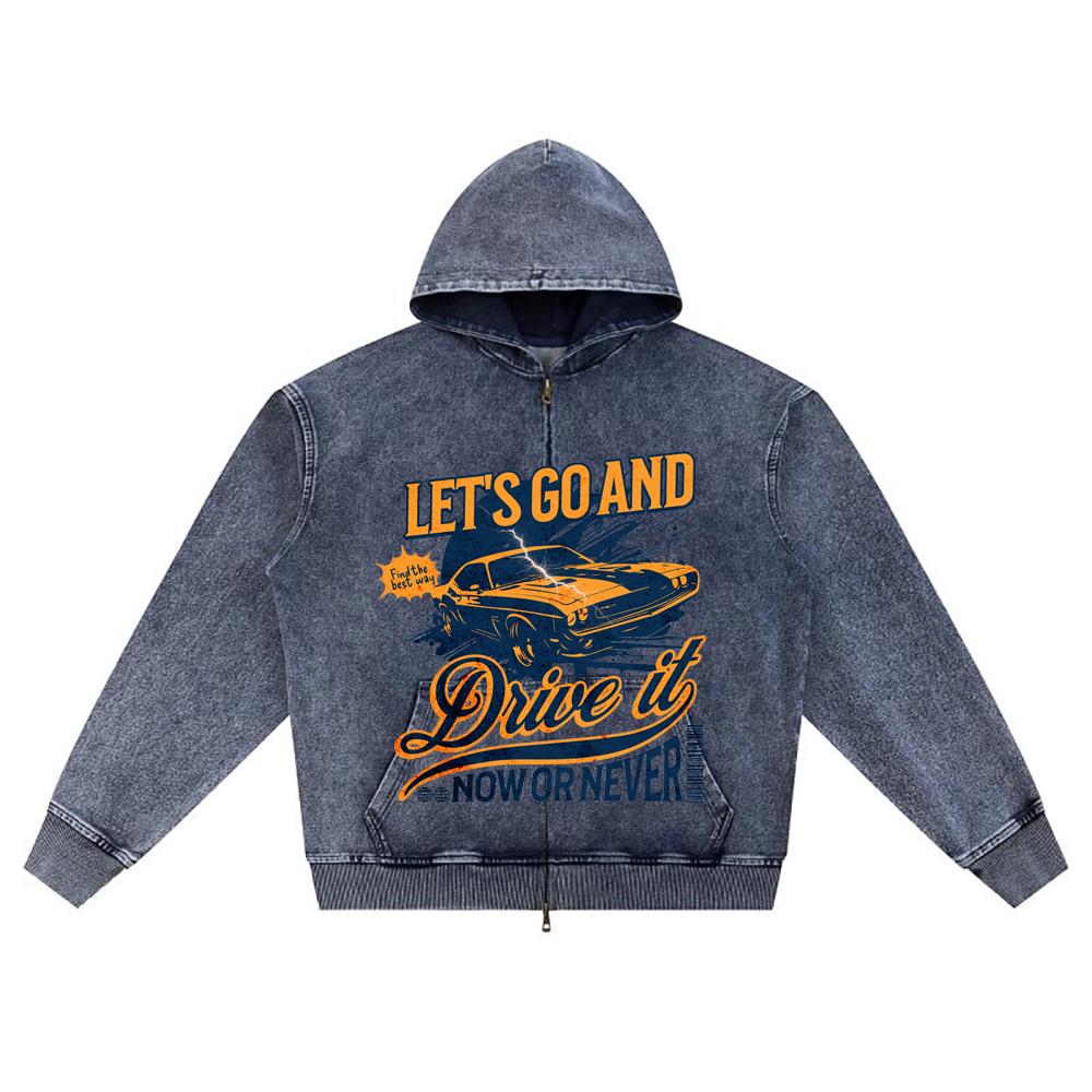 

Худи на молнии из вязаного денима с принтом DTG Let s Go Now Or Never Гоночный автомобиль Винтаж Принт Brother XL темно-синий