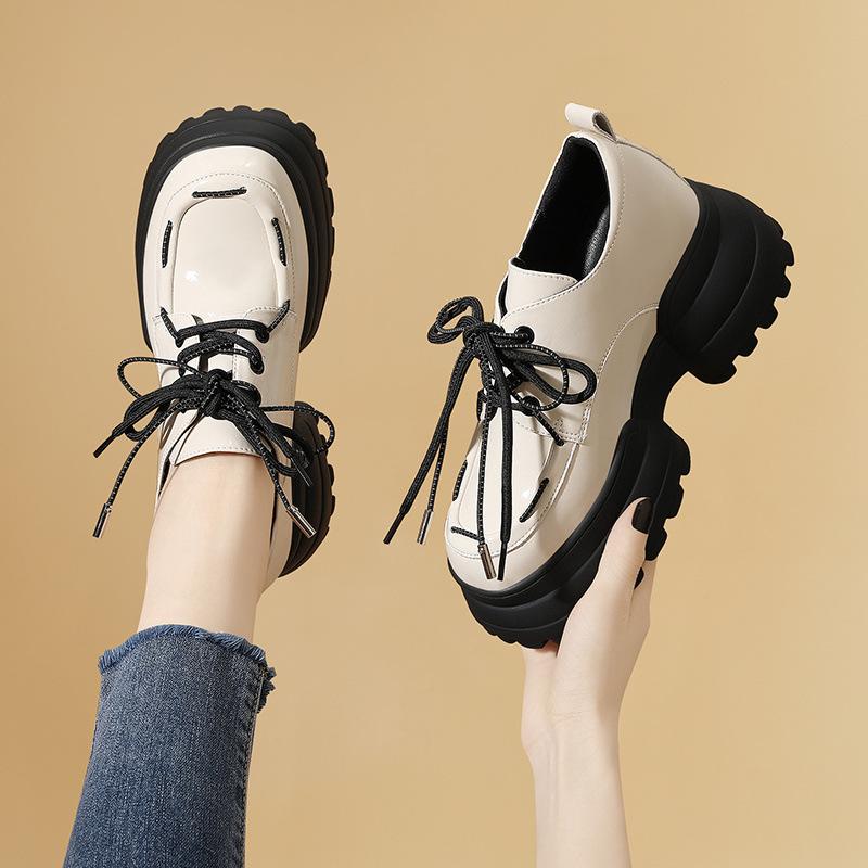 British Style Small Leather Shoes Korean Height-increasing Women's Black Patent Leather Thick-soled Thick-heeled Lace-up Loafers