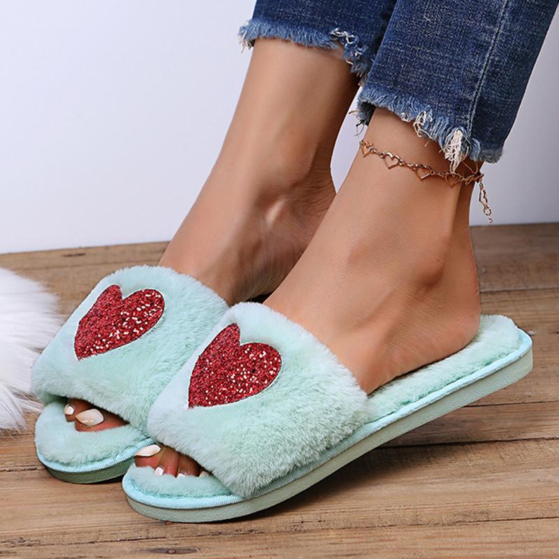 Fashion Fashion Heart Shaped Sequin Plush Slippers Women Open Toe Faux Fur Indoor Home Slides Woman Autumn Winter Fluffy Flat Slippers