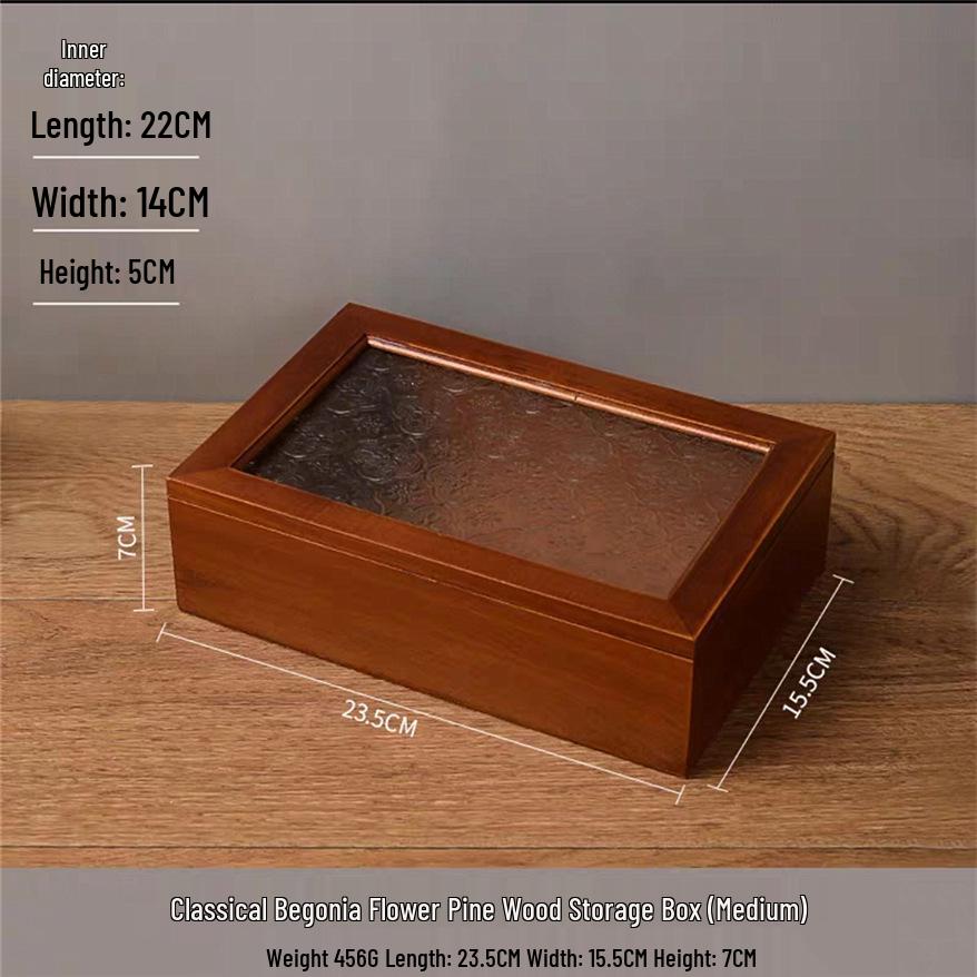 Crabapple Flower Glass Retro Wooden Storage Box for Desktop Sundries and Dressing Table Decor