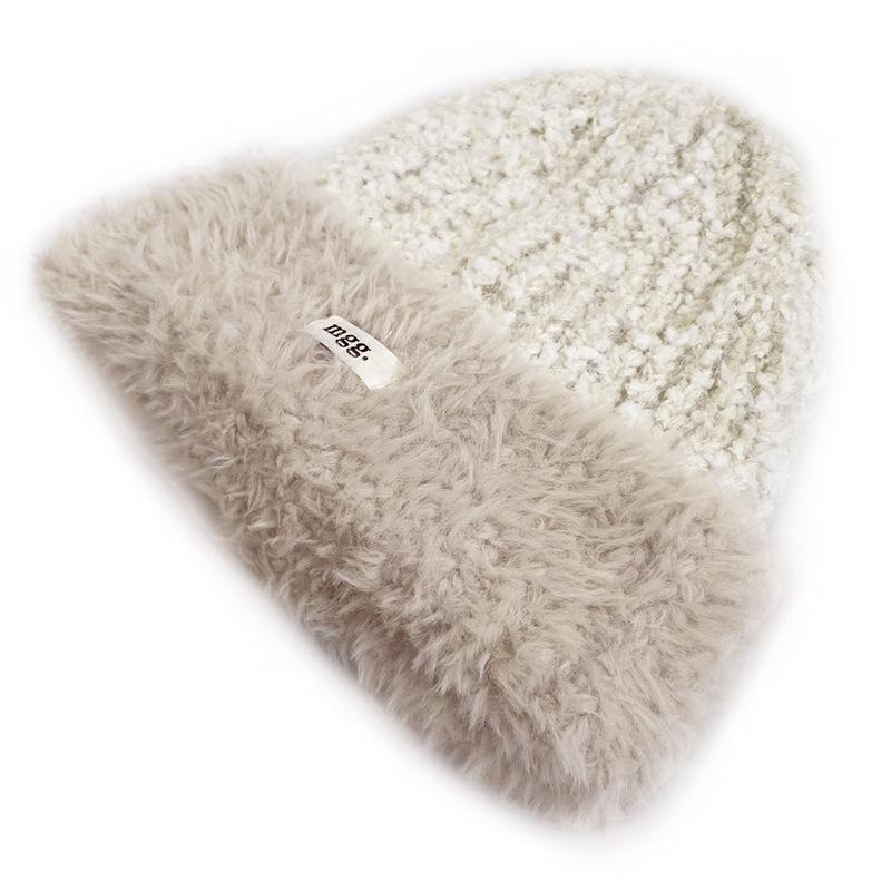 Cat Brother Korean Style Knit Hat: Color Block Plush, Warm Wool, Women's Large Head Circumference