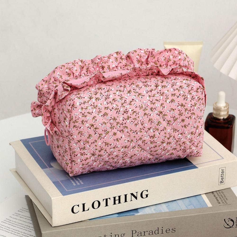 Portable Bow Quilted Cosmetic Bag Large Capacity Makeup Organizer Travel Toiletry Bag Zipper Lightweight Ruffles Storage Bag