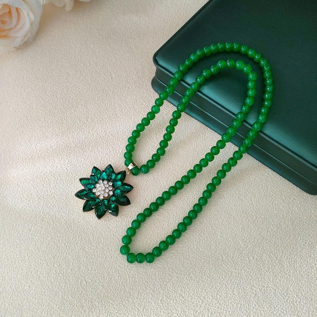 Crystal Flower Double Pendant Sweater Chain Black Bead Chain Long Light Luxury Fashion Long Necklace Women's Versatile Clothes Accessories