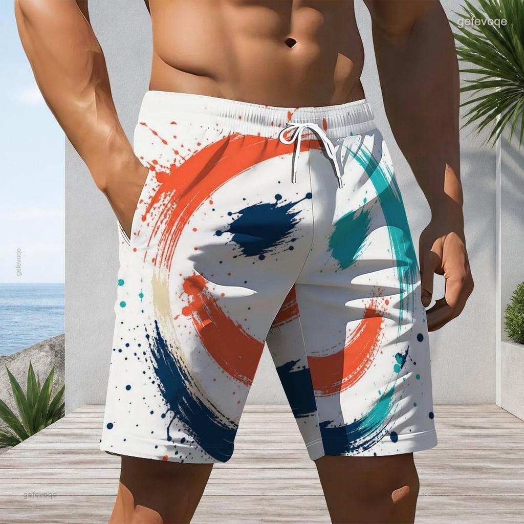 Men Plus Size Abstract Boho Plant Geometric Print Beach Shorts Quick Dry Lightweight Drawstring Casual Swim Trunks For Summer Beach Surfing Holiday