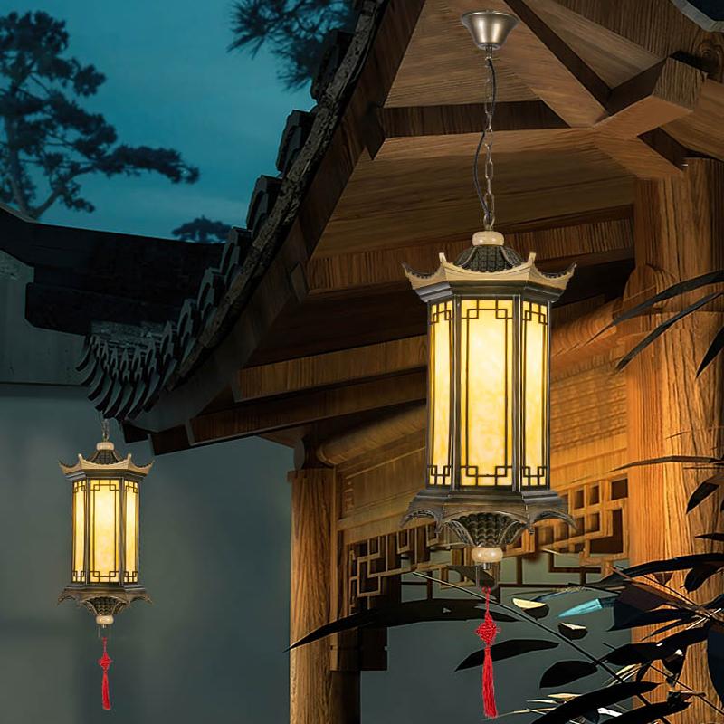 Sześciokątny pawilon zewnętrzny wodoodporny wiszący światło, chiński styl dziedziniec, pergola zewnętrzna, dziedziniec, wejście do willi, okap