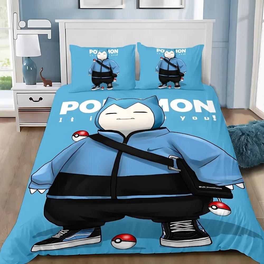 Kawaii Snorlax Bedding Set 3 Pieces Anime Pocket Monster Pattern Breathable Washable Bed Linen for Teens Kids