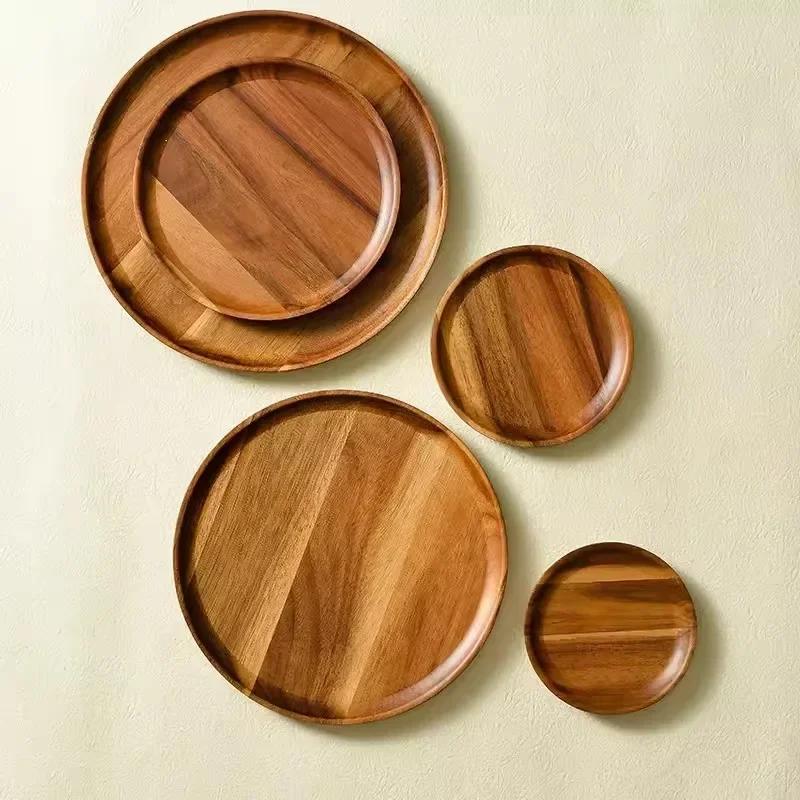 Wooden Round Tray Acacia Wood Home Coffee Bread Plate Multi-Purpose Solid Wood Afternoon Tea Treats