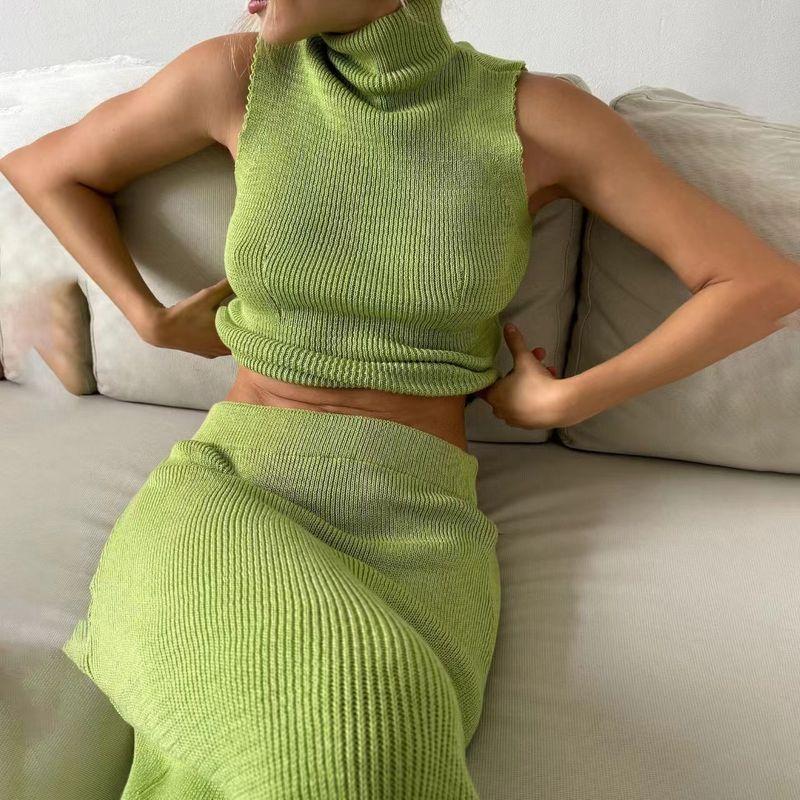 

European and American New Knitted Turtleneck Vest Skirt Two-piece Set Knitted Vest Half Skirt Set Green S