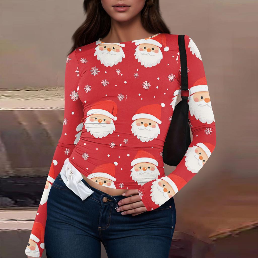 Women's Fashion Casual Round Neck Christmas Printed Long Sleeve T-Shirt Top