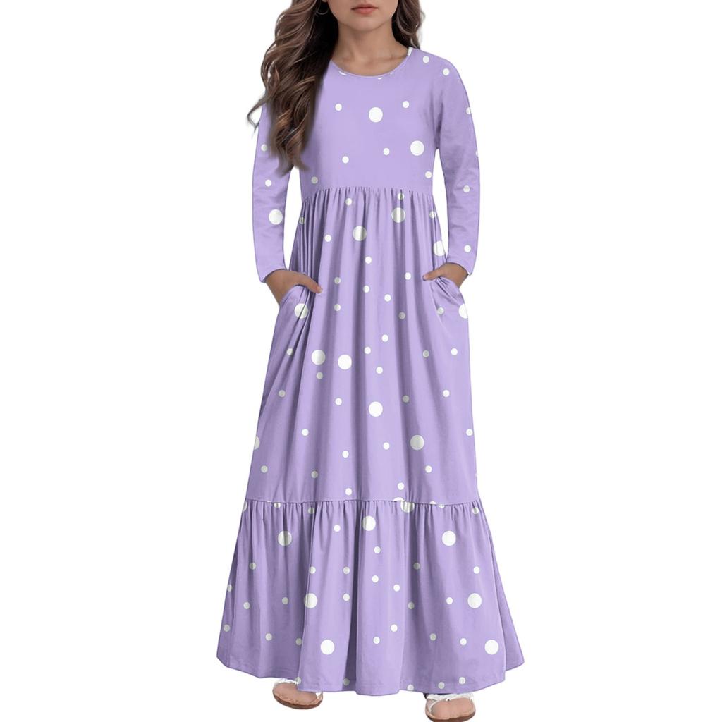 Girls' Maxi Dress Casual Holiday Dresses - Long Sleeve Dress With Pockets For 4-14Y