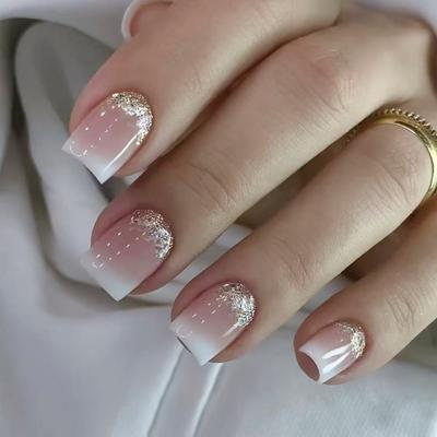 24 PZ Unghie Finte French Manicure Glitterate a Lunga Durata, Unghie Artificiali Flessibili con Riflessi, Punte Bianche per Occasioni Speciali
