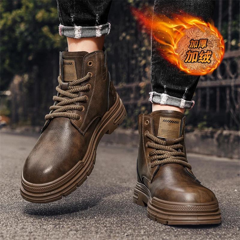 Mote Høye Retro Støvler Herre Lær Motorsykkelstøvler Mote Motorsykkel Ankelstøvlett for Menn Vinter Casual Herresko Snøring Høy Kvalitet