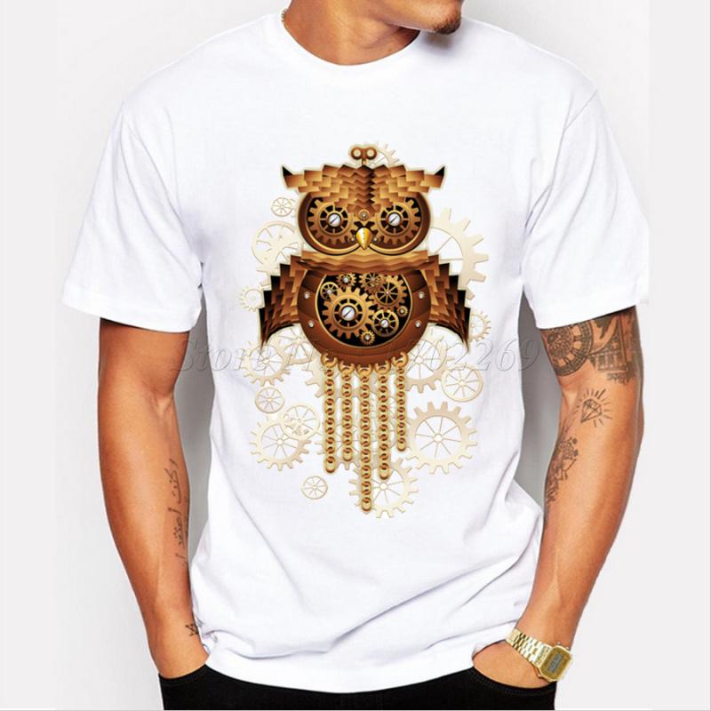 New Arrival Steam Punk Style cat/owl/Chameleon Vintage Printed Men's Casual T-shirt Male Retro Design Funny Tops/tee