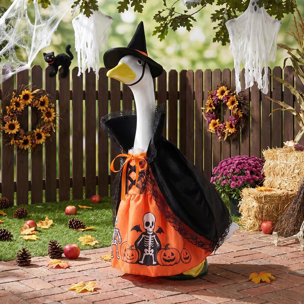 23 Inch Outdoor Porch Goose Halloween Decoration with Witch Costume Skeleton Pumpkin Print Garden Prop for Yard Display