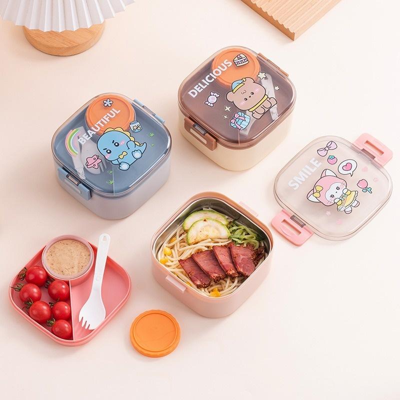 Tragbare Kinder Lunchbox Edelstahl Bento Box Mit Geschirr Cartoon Lebensmittelaufbewahrung Picknick im Freien Obstsalat Box