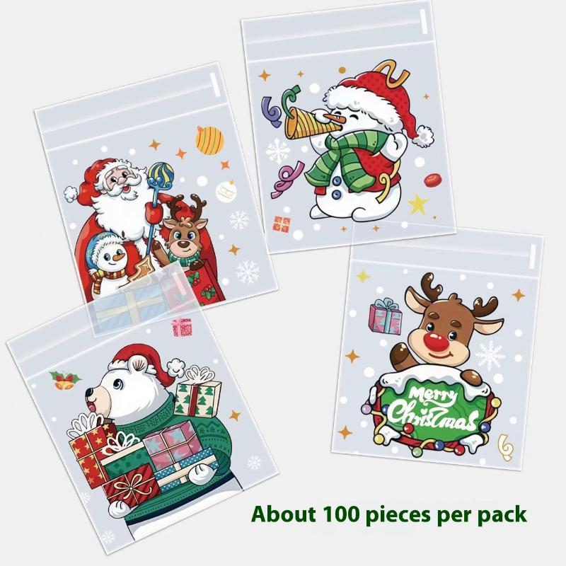 

100Pcs Christmas Gift Pouch Clear Self-Adhesive Bag For Candy Cookie Packaging Christmas Party Favor Supplies Snack Baking Bag as the picture