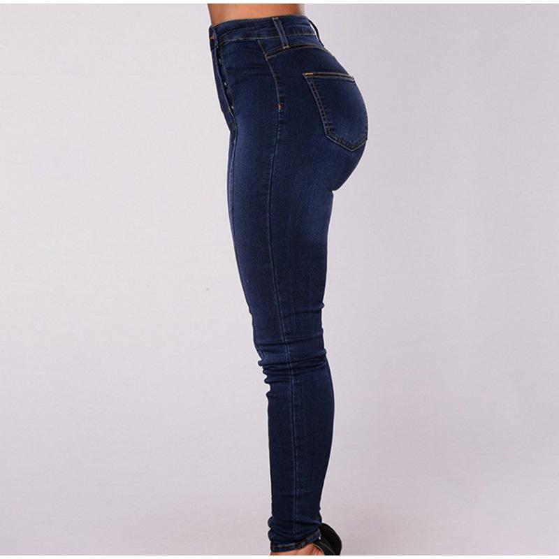 Hochtaillierte lässige Denim-Hose für Damen, elastisch, mit mehreren Schnallen, trendige Doppelreihen-Jeans, lange Hose, bequem, dehnbar, Damen
