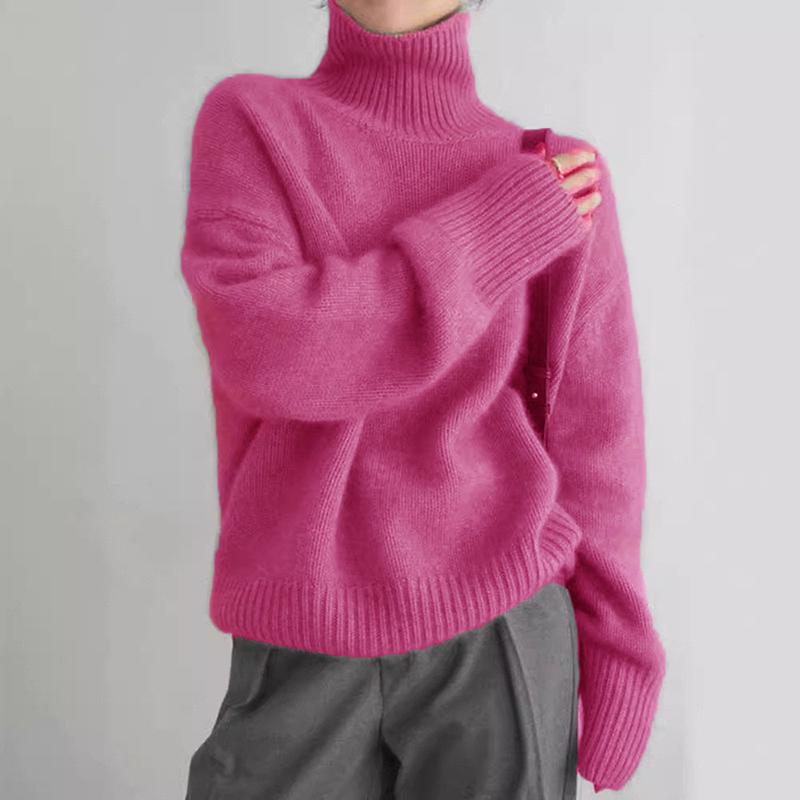 Women Autumn Winter High Collar Long Sleeve Wardrobe Staple Warm Solid Color Comfy Loose Pullovers Knitted Sweater Top