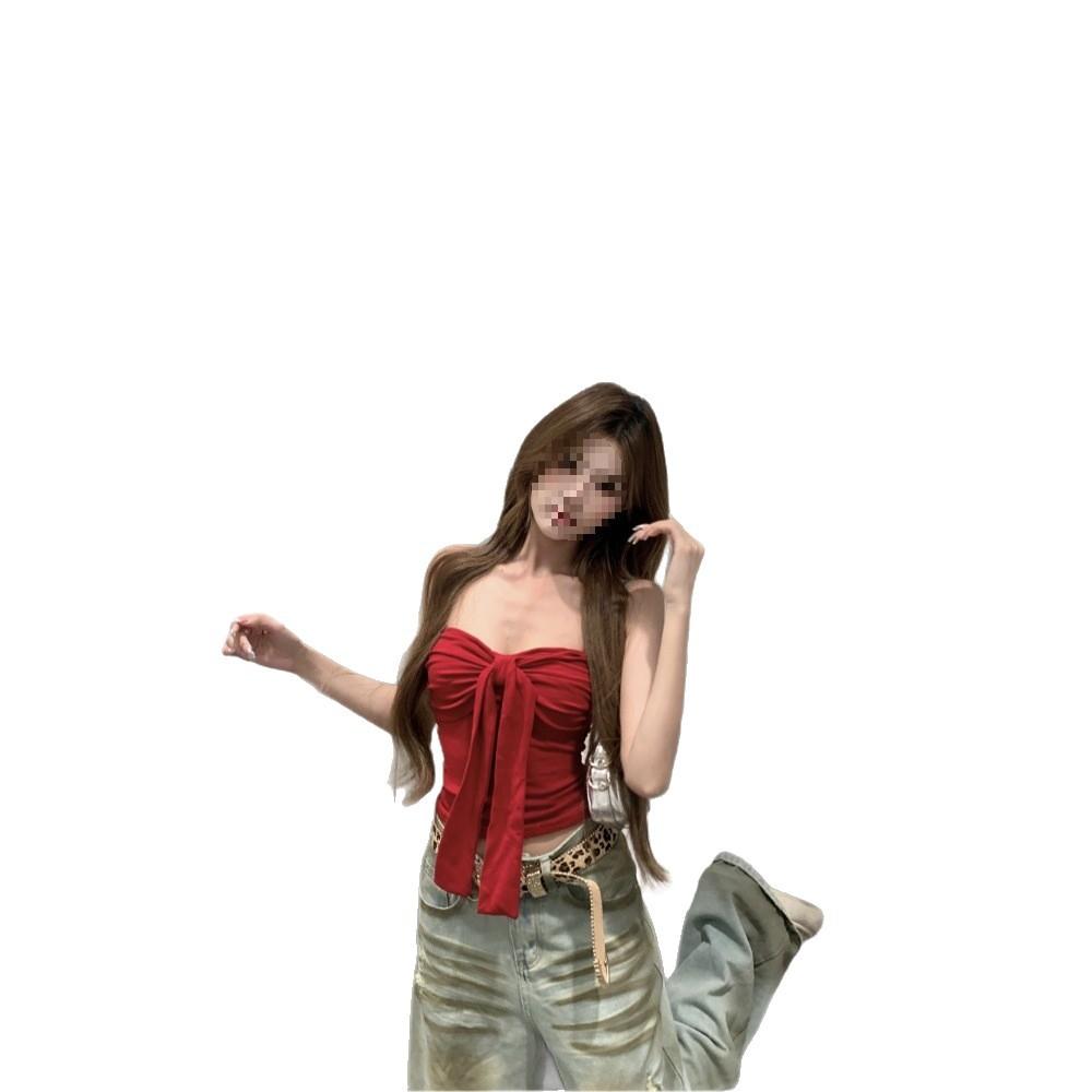 [Human Cotton] Spice Girl Bow Strap-on Tube Top, Women's Pure Desire Style Red Slim-fitting Short Top