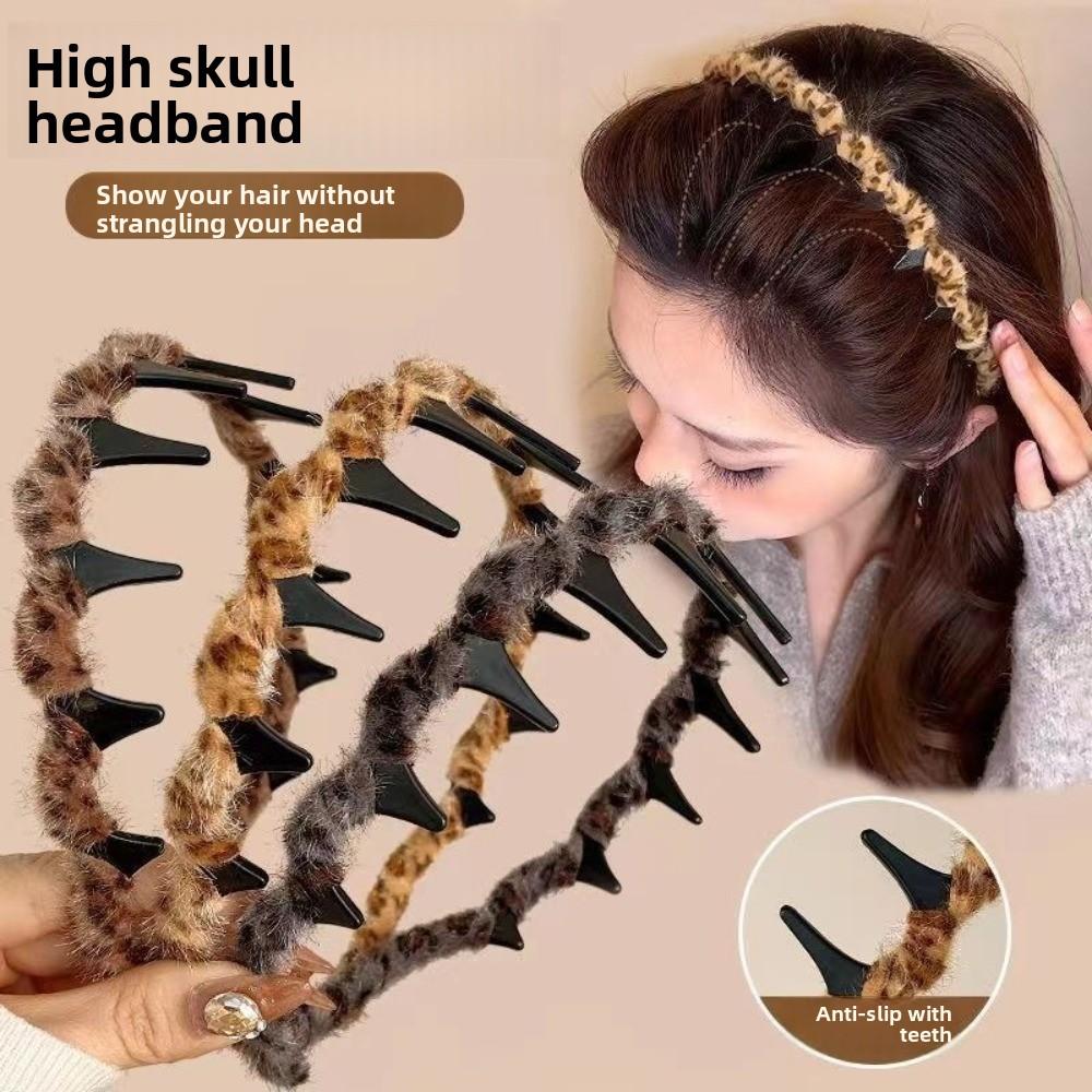 Leopard Pattern Hair Hoops U Shape Headwear Fashion Plush Teethed Hairband  for Women