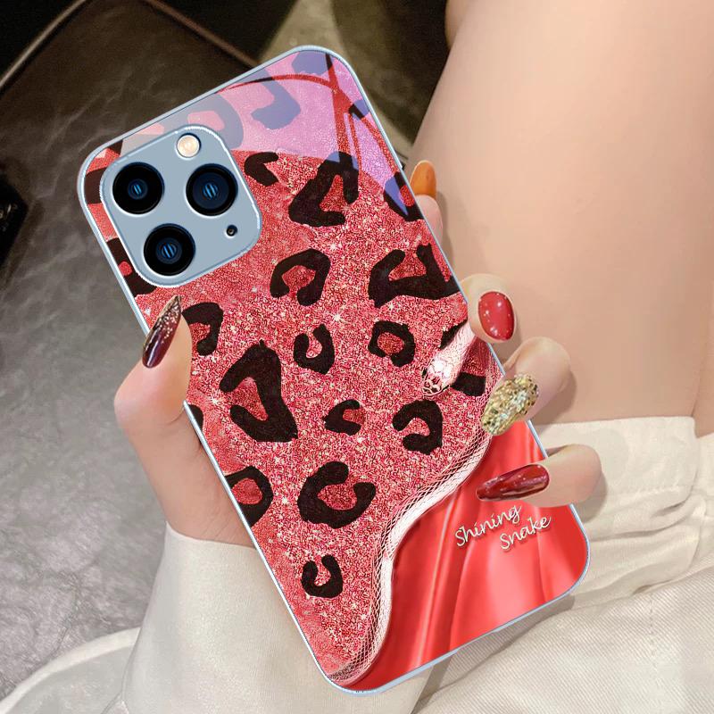 Leopard Sequin Snake For IPhone 16 Pro Max 15 Pro 14 13 12 Mini 11 XS Max XR 7 8 Plu SE 2022 Tempered Glass Phone Case