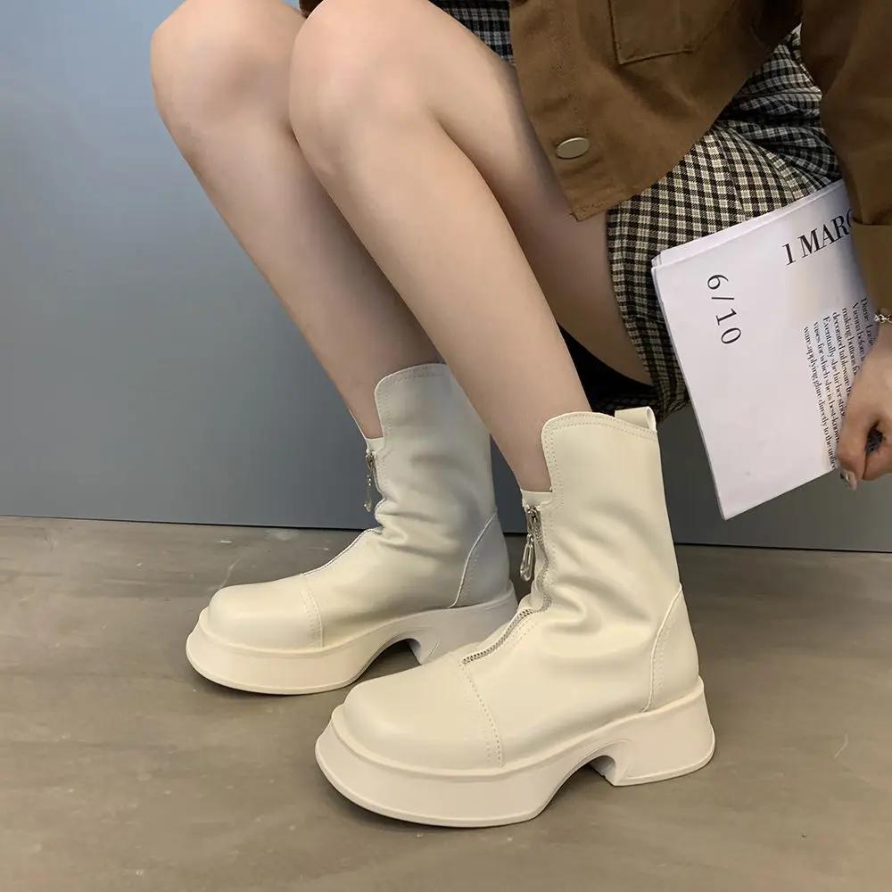Fashion Elegant With Medium Heels Women's Ankle Boots Round Toe Female Short Shoes Black Large Size Warm Trend 2024 On Offer Y2k Booties