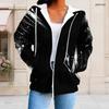 Women Plus Size Zip Up Hoodie Long Sleeve Drawstring Hood Black White Printed With Pockets