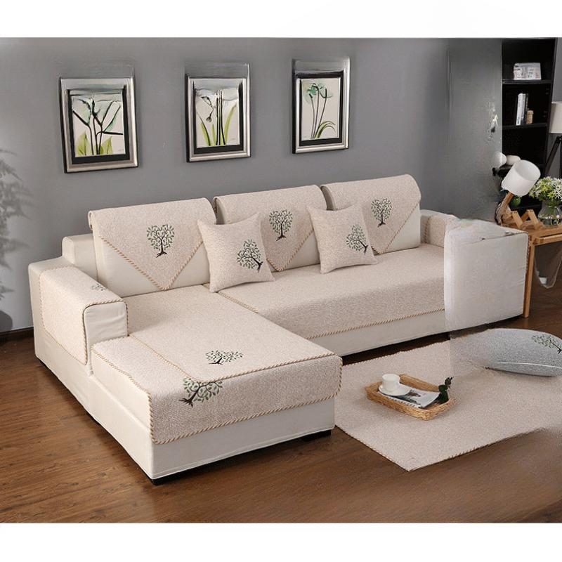 Four Seasons Non-Slip Embroidered Sofa Cushion Cotton Linen Fabric Living Room Universal Linen Thickened Modern Minimalist Solid Color Sofa Towel