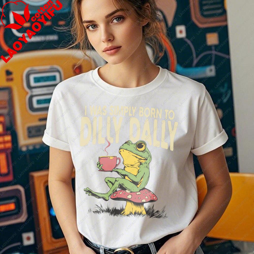 Born To Dilly Dally TShirt Vintage Frog Tshirt Funny Retro Graphic Tee Funny Womens Aesthetic Shirt Daily Life Casual Tops