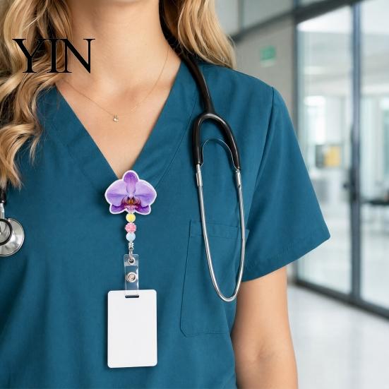 Decorative ID Badge Reel for Nurses Cute Flower Reels, Retractable Nurse Clip with Beaded Secure Backpacks Charm, Floral Name Card Holder Teacher