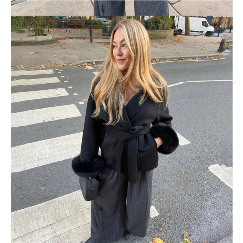 Fashion Lapel V-neck Woolen Coat Women Chic Lace Up Single Breasted Pocket Loose Jacket Lady Daily High Street Outwears