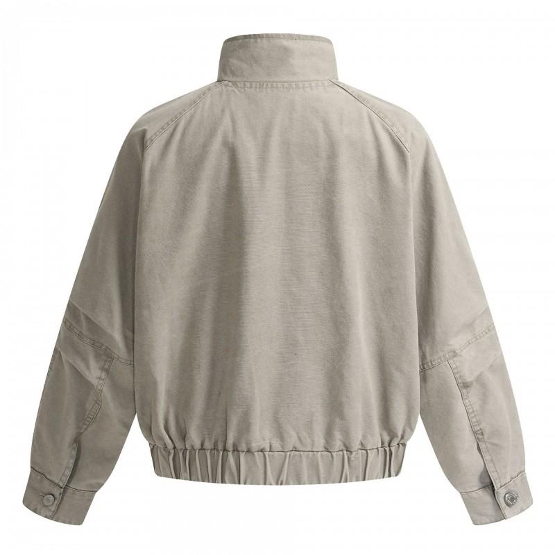 Mens Vintage Utility Jacket With Large Pockets Loose Fit Stand Collar Cotton Blend Fall Outerwear