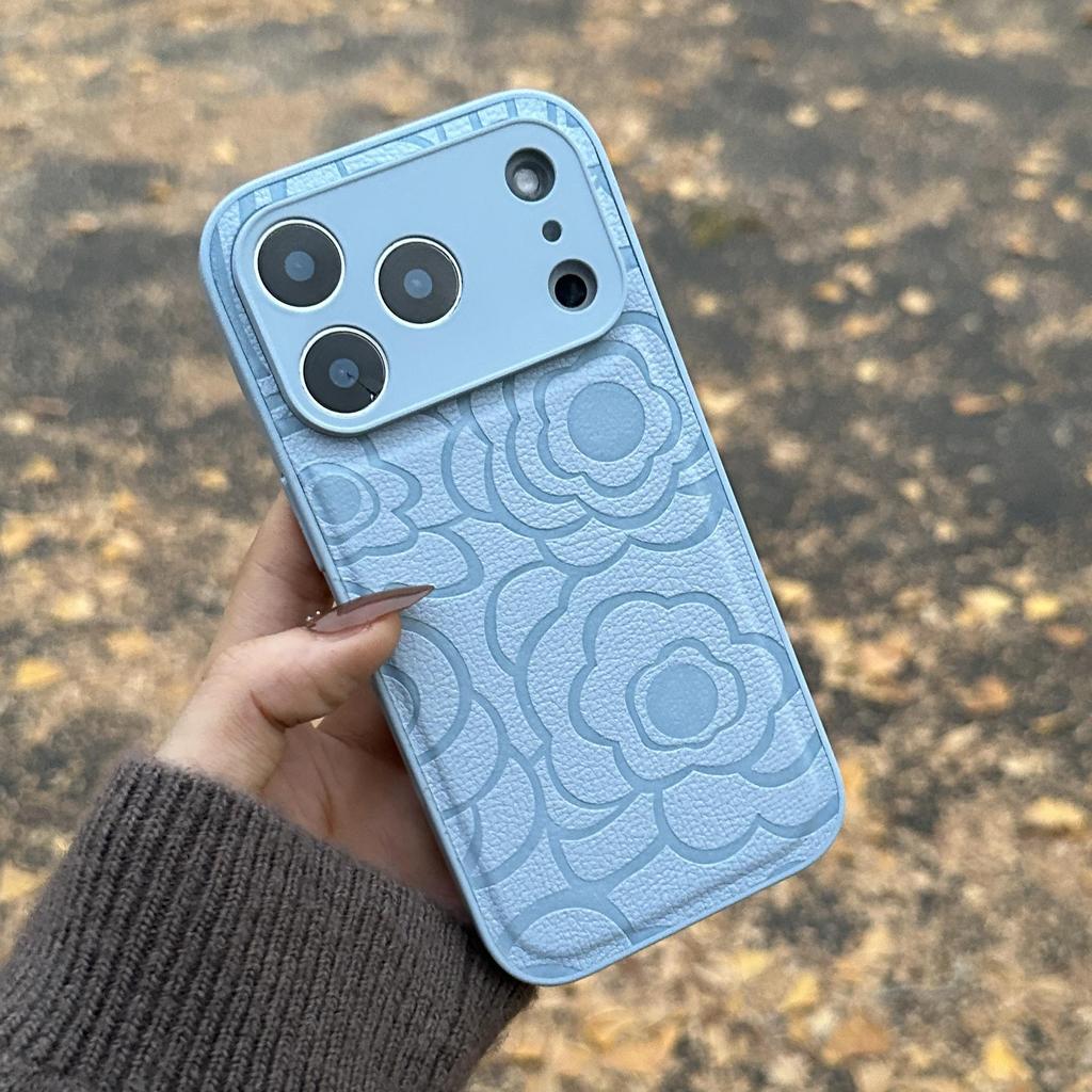 Luxury Camellia Leather Texture Phone Case for iPhone 17 Pro Max & 16, Autumn/Winter Edition