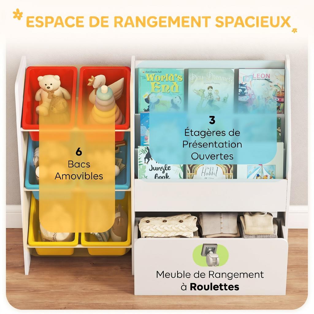 Children's Storage Unit for Toys, 6 Removable Bins, Rolling Chest, 100 x 30 x 80 cm, Multicoloured