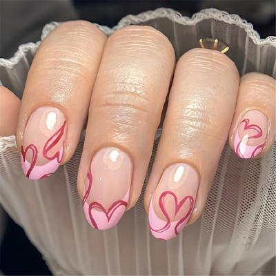 24 Pcs Valentines Day Press On Nail French Tip False Nail Short Almond Full Cover Stick On Nail Heart Acrylic Nail