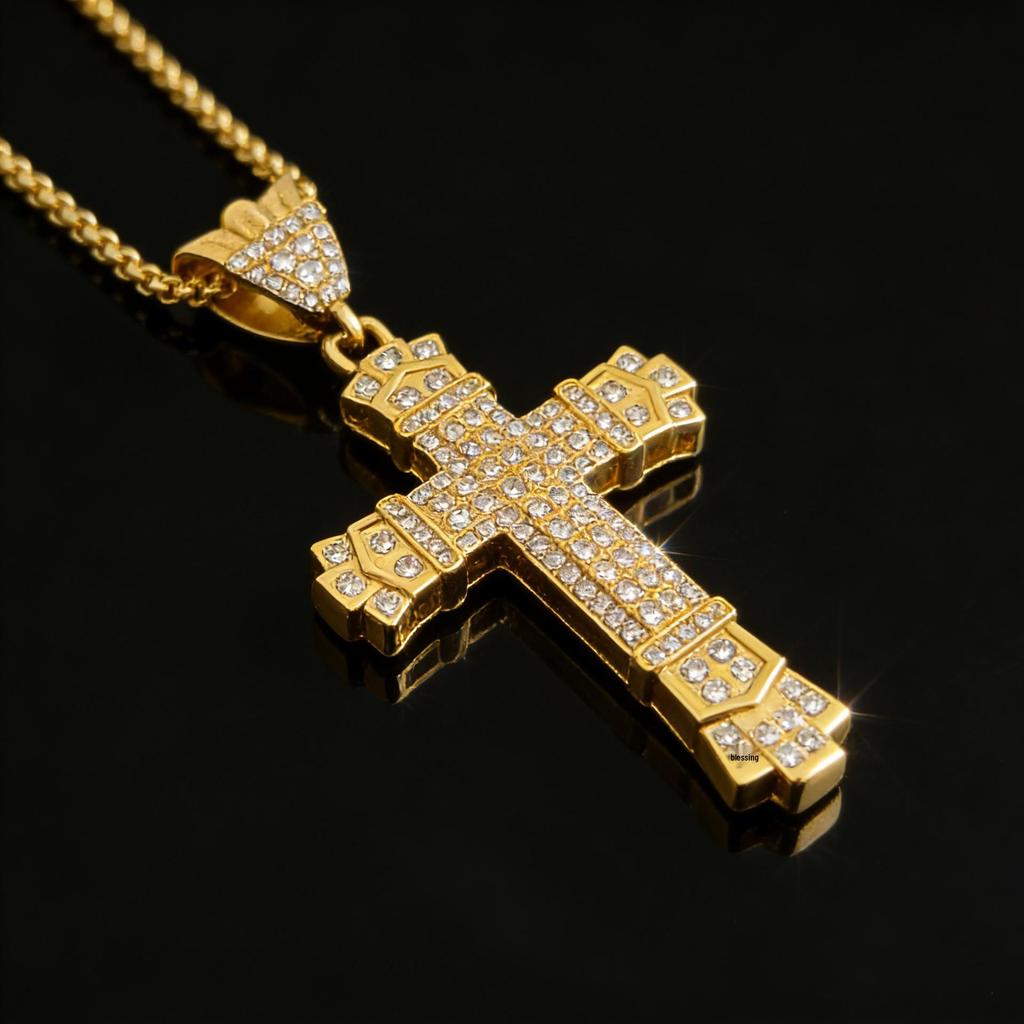 Men's Gold-Plated Retro Cross Pendant Hip-Hop Necklace with Full Diamond Encrustation