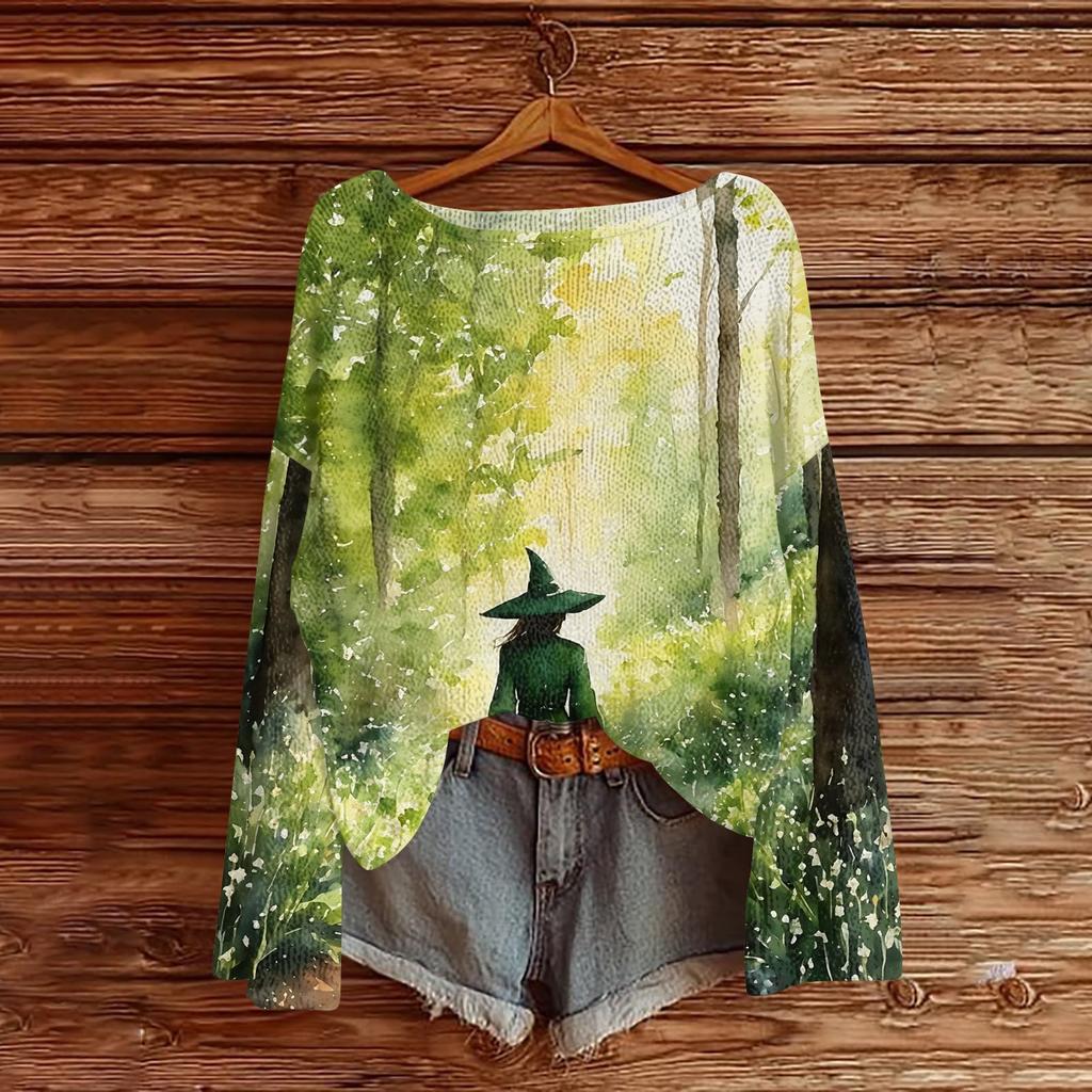 Women's Casual Long Sleeve Halloween Print Round Neck Knit Pullover Sweater Top