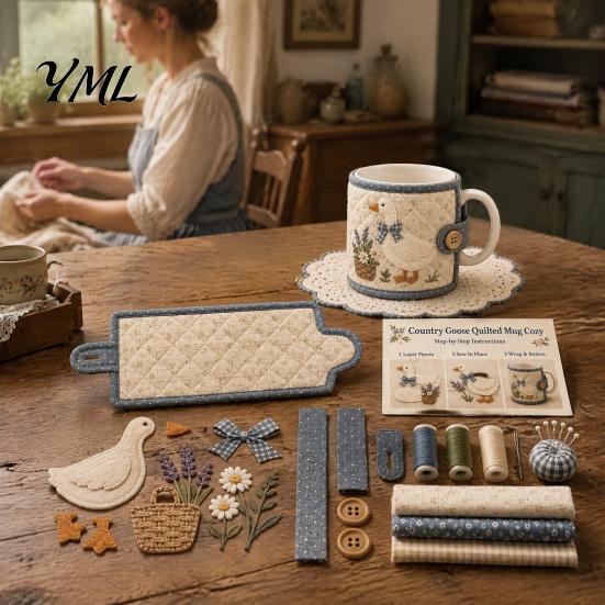 Quilted Mug Sleeve Pattern Farmhouse Friends Cozy Sewing Kit, DIY Animal Cup Craft, Handmade Fabric Craft Supplies Project with Festive Patterns,