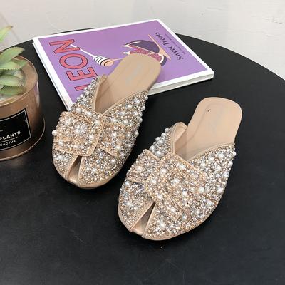 Half-mop Sandals Women's Summer New Women's Outer Wear Bag Head Low Heel Bow Rhinestone Pearl Flat Bottom Fashion Sandals