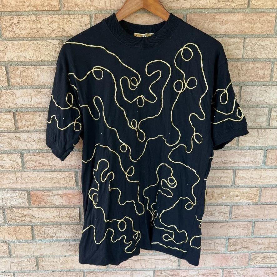 Gene Ewing Bis Bis Vintage Metallic Gold Whimsy Beaded T-Shirt size Medium 90s S