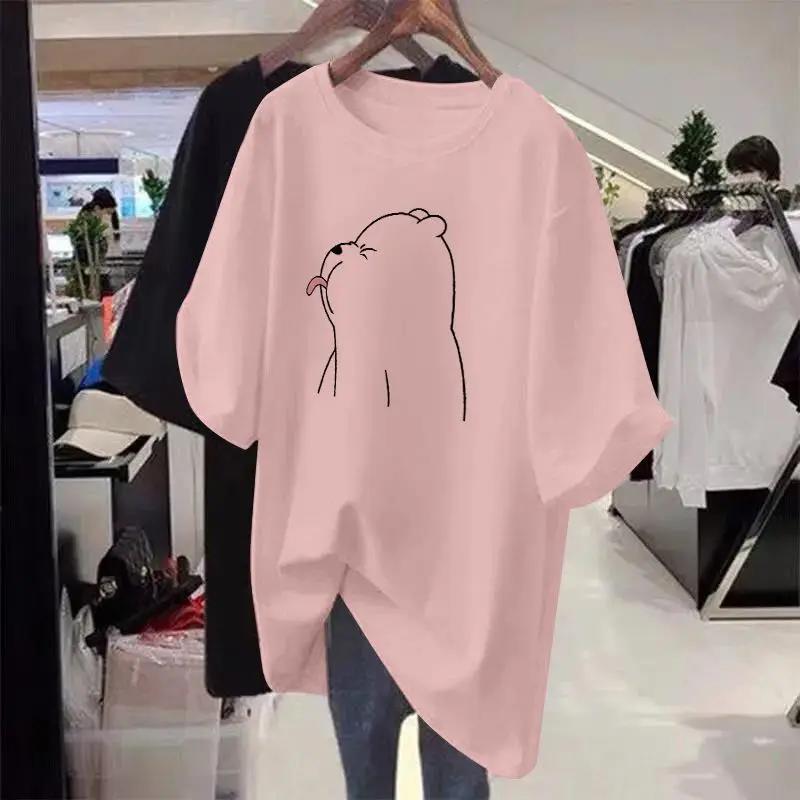 Loose women's cartoon printed T-shirt, round neck sweater, basic, casual, short sleeved, pure cotton