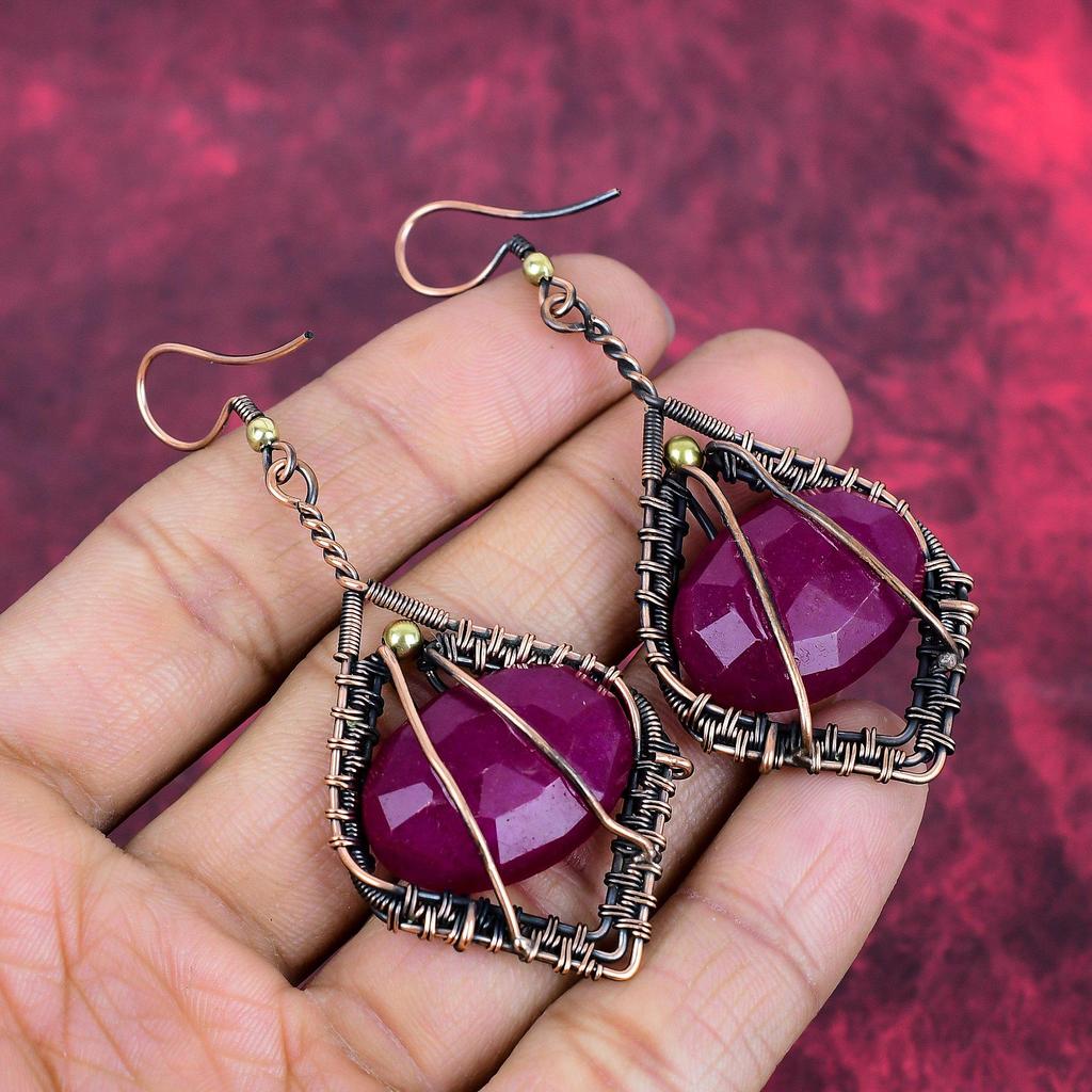 Faceted Kashmir Ruby Earring Copper Wire Wrapped Earring Kashmir Ruby Gemstone Jewelry Gifts for Friend Handmade Earring Copper Wire Jewelry