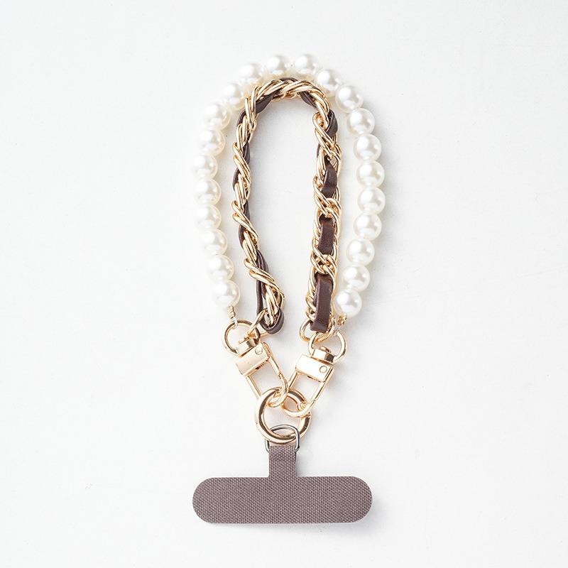 Women Short Wrist Pearl Chain Phone Lanyard Metal Buckle
