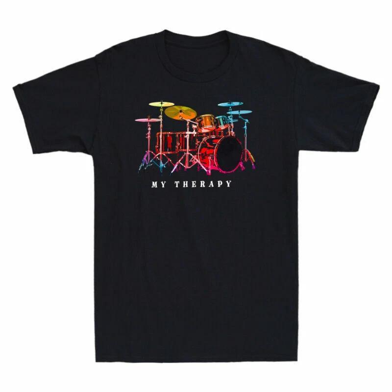 Funny Drumming Drum Set My Therapy Drummer Vintage Men T Shirt Cotton Black Tee XS
