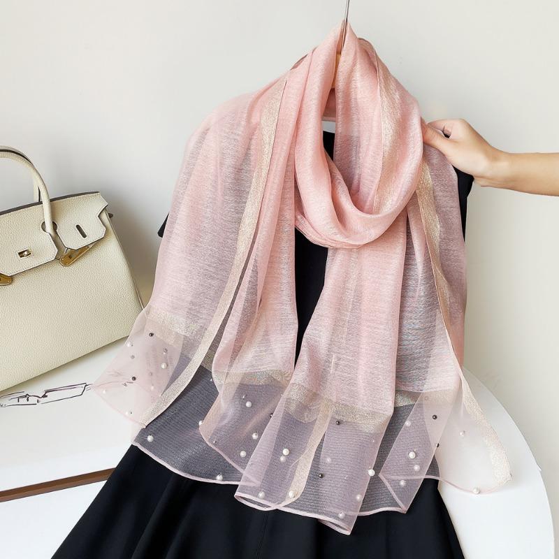 Spring new solid color pearl silk scarf women's imitation silk light large shawl long scarf scarf