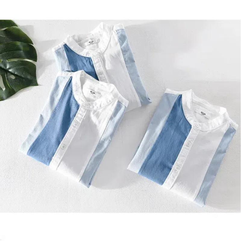 Korean Fashion Mens Summer Tops Pure Cotton Comfort Men's Casual Shirt Stand Collar Stripes Slim Fit Three Quarter Sleeve Button Shirt